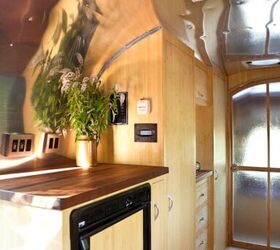 beautiful and green runaround sue 1961 vintage airstream safari renovation, The cabinets are constructed from plyboo plywood made from bamboo All casing and trim was finished with tung oil and VOC free solvents Staining was done with VOC free aniline dyes