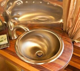 beautiful and green runaround sue 1961 vintage airstream safari renovation, Bathroom sink with reclaimed redwood counter
