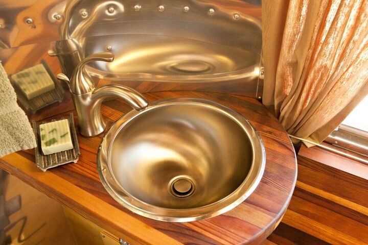 beautiful and green runaround sue 1961 vintage airstream safari renovation, Bathroom sink with reclaimed redwood counter
