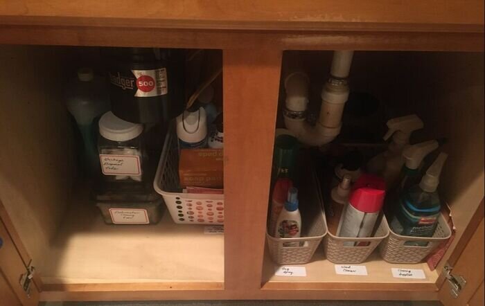using dollar tree products to organize under the sink