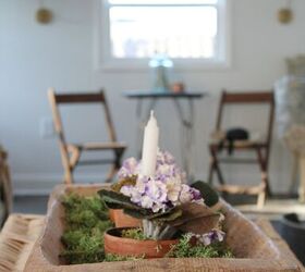 simple and thrifty spring decor ideas, simple dough bowl with faux violets in terracotta pots