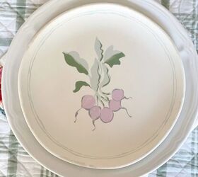 simple and thrifty spring decor ideas, white thrifted plate and melamine radish plate