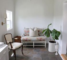 top 5 items to look for when thrifting, Room with thrifted settee chair pillow and nightstand
