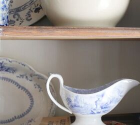 top 5 items to look for when thrifting, thrifted blue and white ironstone and stoneware in hutch