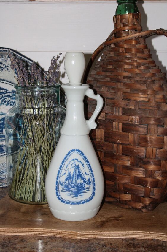 top 5 items to look for when thrifting, vintage blue and white liquor decanter