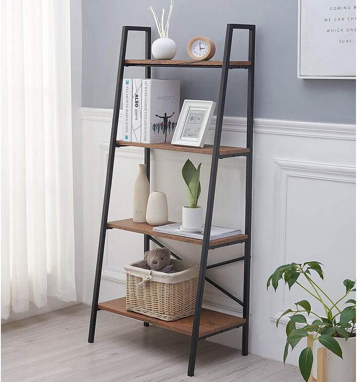 tips for living a minimalist lifestyle through home organization, Image Amazon Blissun 4 Tiers Ladder Shelf Vintage Bookshelf Storage Rack Shelf