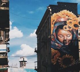 this ukrainian micro apartment design has taken on new meaning, Sunflower mural in Kyiv Ukraine