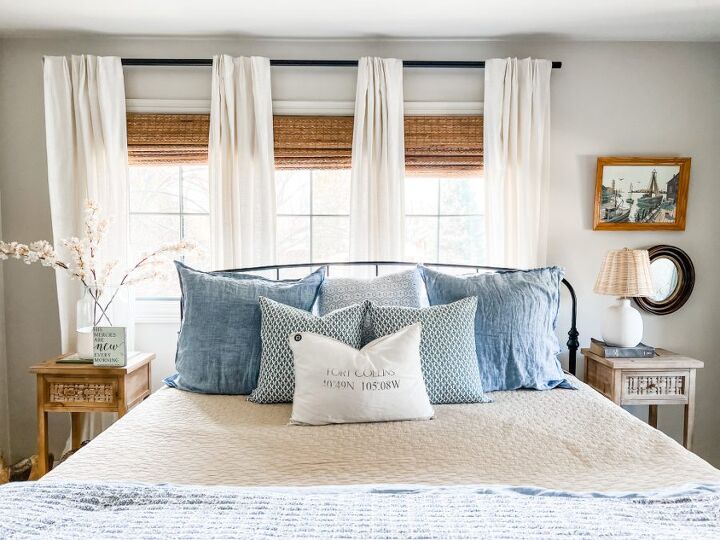 5 affordable ways to give your bedroom a spring refresh, Bamboo blinds from Lowes and linen curtains from Bed Bath and Beyond left by previous owner