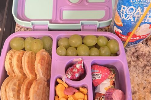 doing it on a dime back to school bento box lunch ideas on a budget, 5 minute Brunch Lunch Mini waffles grapes goldfish mini granola bar Hershey kiss chocolate heart treat