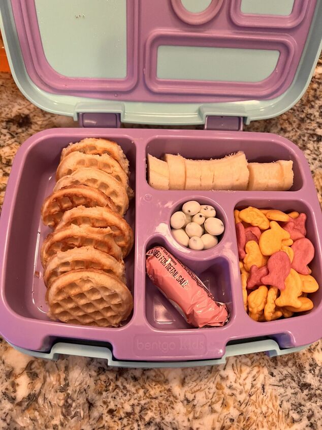 doing it on a dime back to school bento box lunch ideas on a budget, Brunch Lunch Mini waffles banana raisins granola bar goldfish