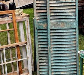 5 simple tips to thrift like a boss for the garden, Gorgeous vintage green shutters and windows found at Wilmington Vermont s antique flea market Shutters and windows add lots of interest to wreaths and other flowers in the home