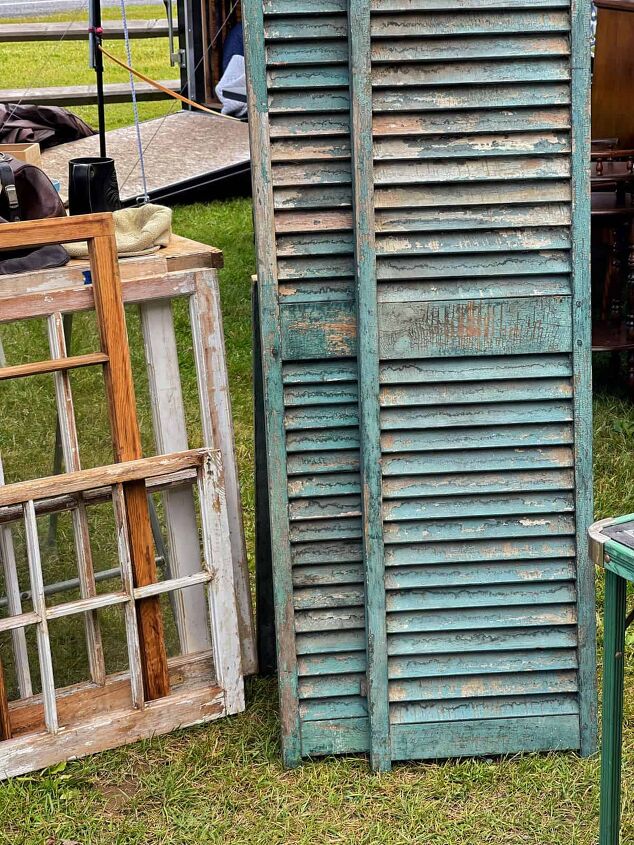 5 simple tips to thrift like a boss for the garden, Gorgeous vintage green shutters and windows found at Wilmington Vermont s antique flea market Shutters and windows add lots of interest to wreaths and other flowers in the home
