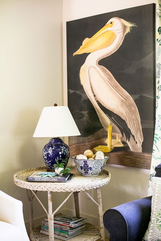 affordable ways to incorporate coastal decor in your home, Lamp bowl and bird art all from Homegoods