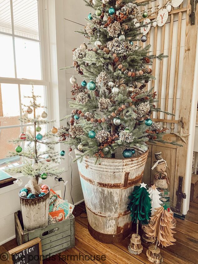 19 sustainable christmas craft ideas trends, Sustainable Christmas Tree Decorated with Dried Hydrangeas Vintage Shiny Brites and the felt Christmas Trees are made using foraged wood and sticks