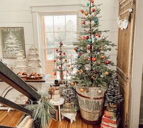 19 sustainable christmas craft ideas trends, Vintage Inspired Christmas Tree with Shiny Brite Ornaments inside a vintage antique zinc grape hod