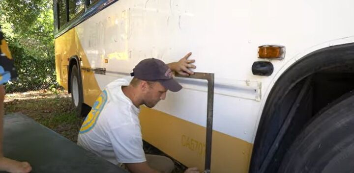 how to install under bus storage boxes on a school bus conversion, Measuring the hole to cut