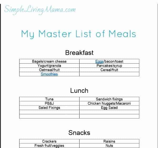 make a master list of meals monthly meal planning