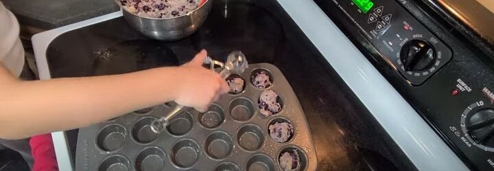 2 quick easy back to school freezer breakfast ideas, Adding muffin mix to a baking tray