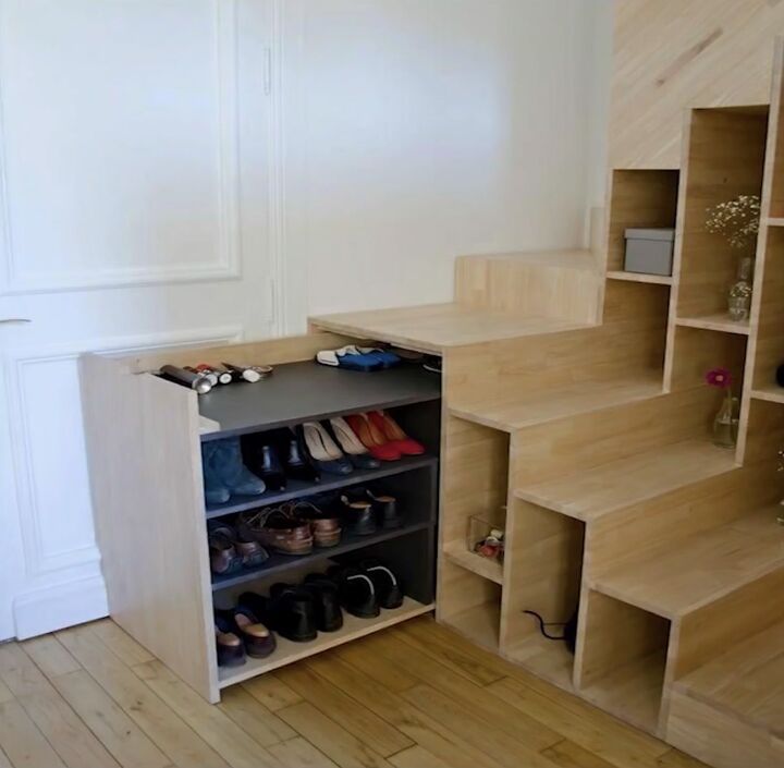 7 fun crafty home organization ideas on a budget, Understairs shoe storage