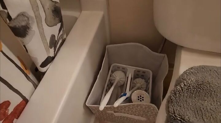 how to do bathroom organization decoration on a budget, Organizing cleaning supplies