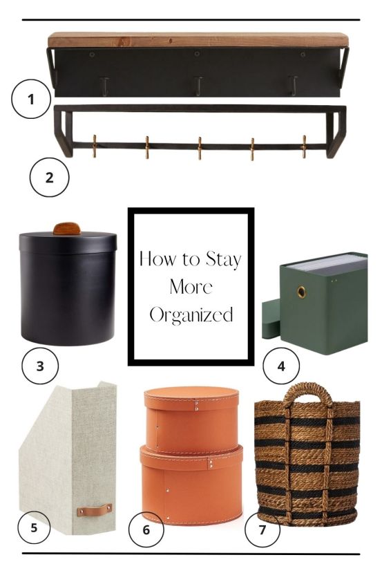 how to stay more organized, 1 Metal wood rustic shelf 2 Entryway shelf 3 Matte black canister 4 Hanging file box 5 Linen magazine holder 6 2 pack storage boxes 7 Tall stripe basket