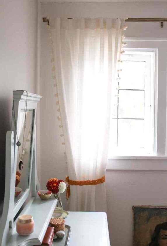 4 diy home decor projects you can do in one day, Bedroom window with cream color curtains and yellow diy macrame tie back