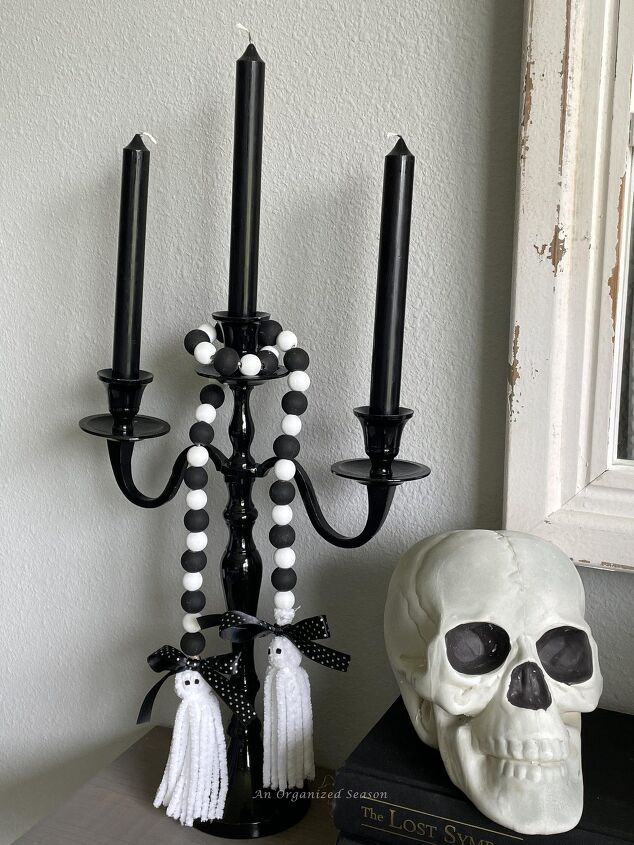 diy fall decor crafts you need to start now, Black and white wood bead garland with ghost tassels is a great DIY Fall decor craft