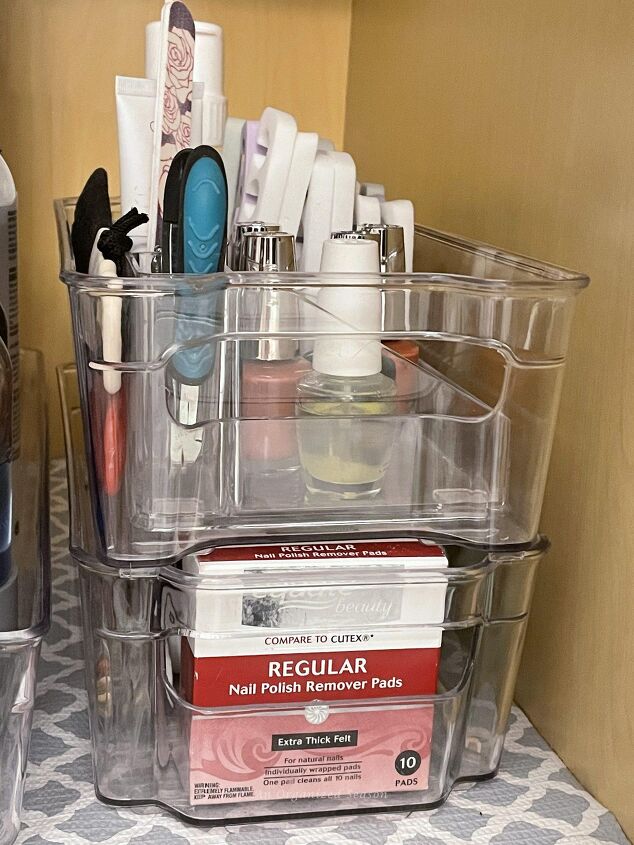 15 awesome storage solutions for your bathroom, Clear stackable plastic bins provide storage for mani pedi supplies in the bathroom