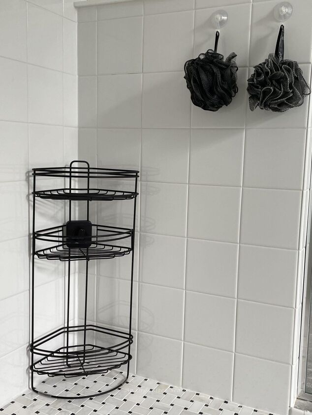 15 awesome storage solutions for your bathroom, Black metal shower shelf in a walk in shower