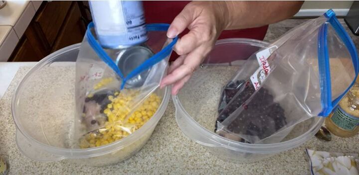 4 easy freezer meal prep ideas for quick simple dinners, Adding undrained corn to the freezer bags