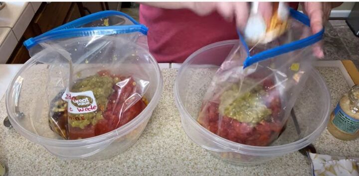 4 easy freezer meal prep ideas for quick simple dinners, Adding green chilis to the freezer bags