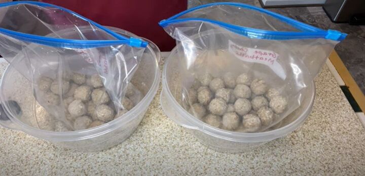 4 easy freezer meal prep ideas for quick simple dinners, Adding meatballs to the freezer bags