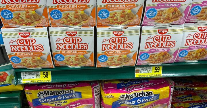 super easy back up meals, Back up meal ideas image of cup noodles and packages of ramen in the grocery store