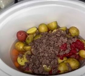 2 simple poor man s dinner ideas you can make with ground beef, Adding the ground beef to the crockpot