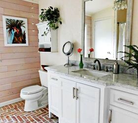 8 tips for your next bathroom renovation, Bright bathroom with brick floor and wood panel wall