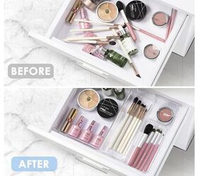 how to spring clean your bathroom, Before and after photo of make up in organizing boxes in a drawer