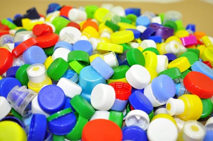 teaching kids recycling, a colorful pile of plastic bottle caps