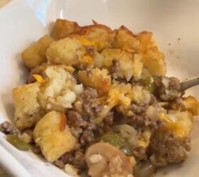 how to make 25 family friendly extreme budget meals for 40, Philly cheesesteak tater tot casserole