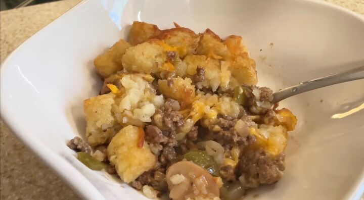 how to make 25 family friendly extreme budget meals for 40, Philly cheesesteak tater tot casserole