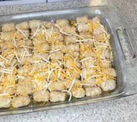 how to make 25 family friendly extreme budget meals for 40, Adding the tater tot casserole topping