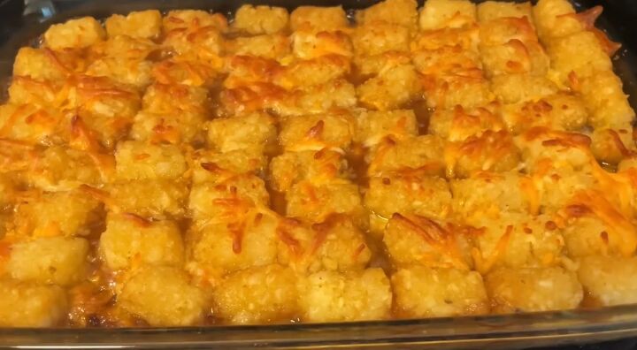 how to make 25 family friendly extreme budget meals for 40, Baking the Philly cheesesteak tater tot casserole