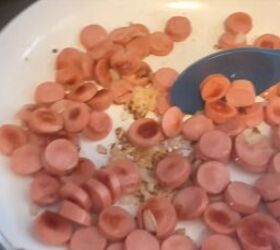 how to make 25 family friendly extreme budget meals for 40, Sauteing the hot dogs and onion