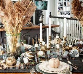 6 easy tips for creating a rustic thanksgiving table, Natural Elements of pampas grass in large glass vases thrifted brass candles sticks and a mix of pumpkins create a rustic yet elegant Thanksgiving table