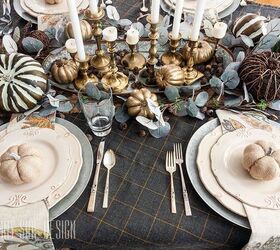 6 easy tips for creating a rustic thanksgiving table, Grey and mustard table scarf topped with a mix of rustic pumpkins Thrifted brass candlesticks with white candles Galvanized chargers with off white dishes paisley napkins and a burlap pumpkin