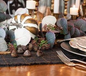 6 easy tips for creating a rustic thanksgiving table, Rustic yet elegant Thanksgiving table setting Grey and mustard table scarf topped with a mix of rustic pumpkins Thrifted brass candlesticks with white candles Galvanized chargers with off white dishes paisley napkins and a burlap pumpkin