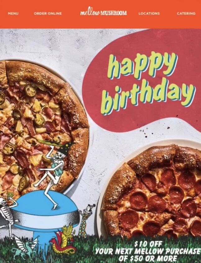 how to get the 15 best adult kids birthday freebies, Mellow Mushroom birthday discount coupon