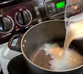 how to make tasty dollar tree tuna shells with only 4 ingredients, Adding milk and water to a saucepan