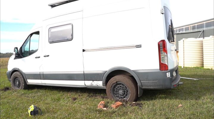 everything we love hate about our diy ford transit van conversion, Van stuck in the mud