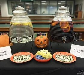 throw an easy halloween party on a scary small budget, Halloween drink dispensers and signs