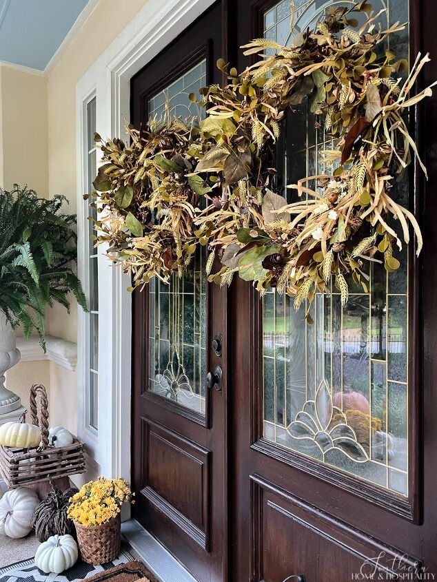 easy fall front porch ideas that won t break the bank, Double front doors with fall wreaths